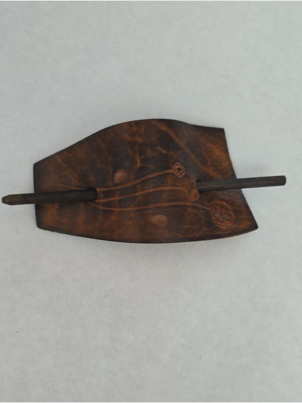 Vintage Mexican Leather Hair Barrette Slide w/Wooden Pin